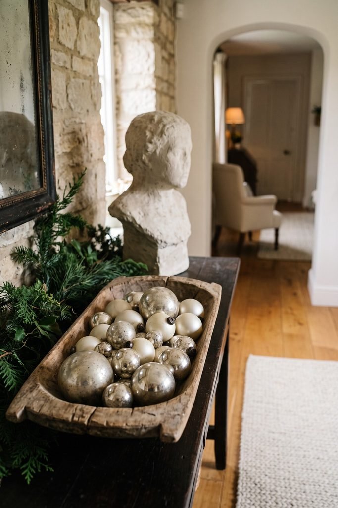 Weathered wooden dough bowl filled with silver and ivory ornaments beside evergreen branches and a pale bust against a stone wall.