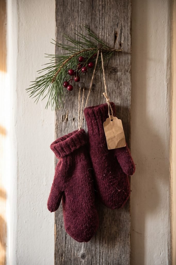 Burgundy knitted mittens hanging on a weathered board beneath pine sprigs and red berries, with a blank paper tag.