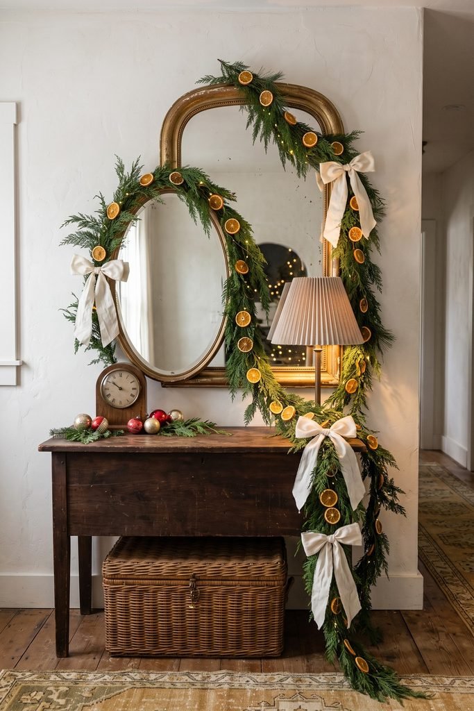 Overlapping gilt mirrors draped with evergreen, orange slices, and ivory bows above a wooden console with a mantel clock and ornaments.