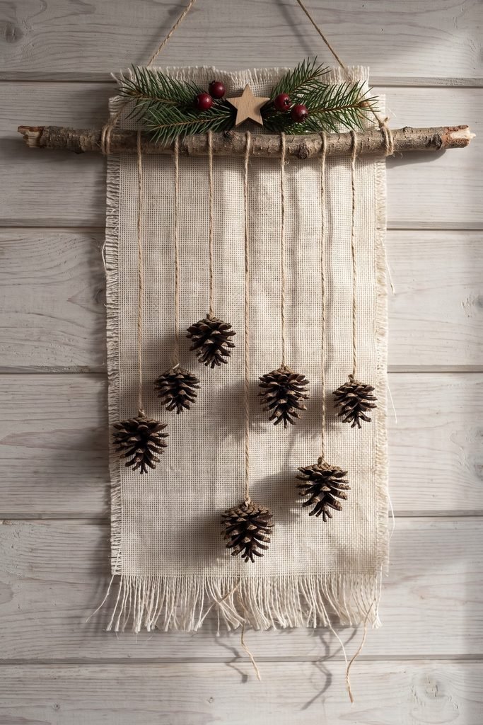 Pinecones suspended on strings over a fringed fabric panel beneath a twig topped with evergreen, berries, and a wooden star.